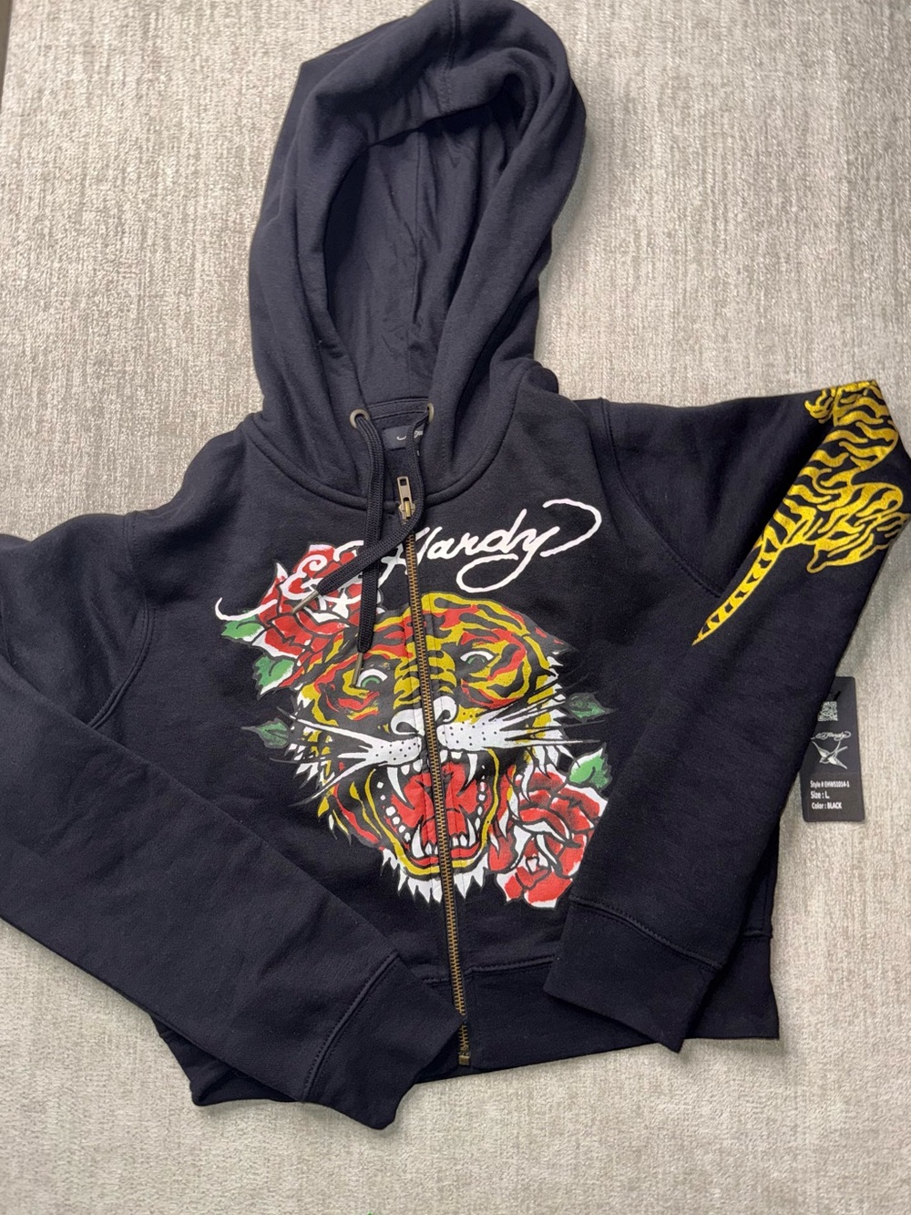 Ed Hardy Tiger Rose Cropped Zip Hoodie Black L NWT Y2K